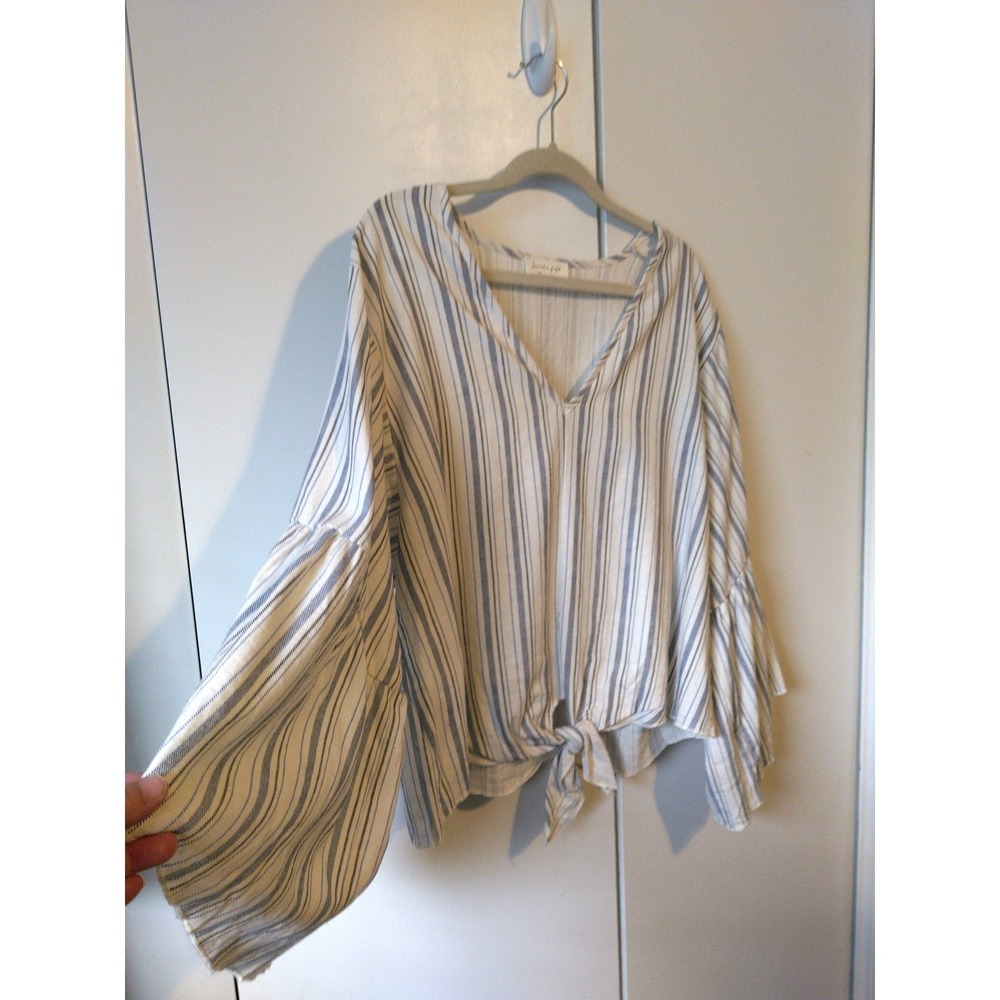 Womens Striped Linen Blend Tie Front Boho Top Size L Coastal Resory Flowy Beachy